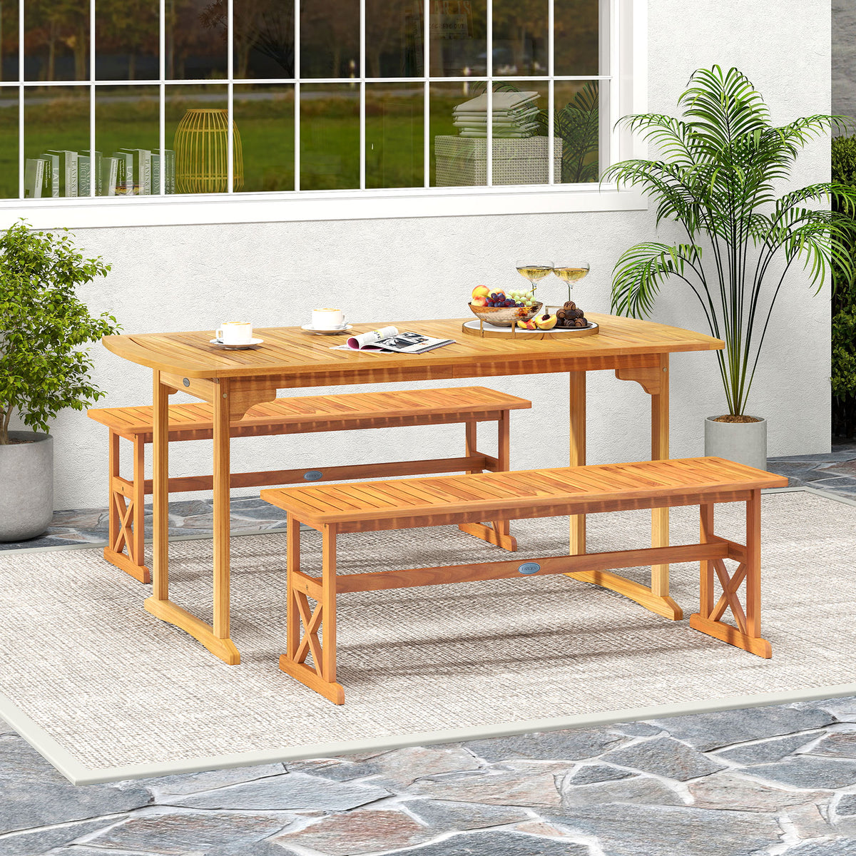 51 Inch Outdoor Acacia Wood Bench - Slatted Seat, 800 lbs Capacity