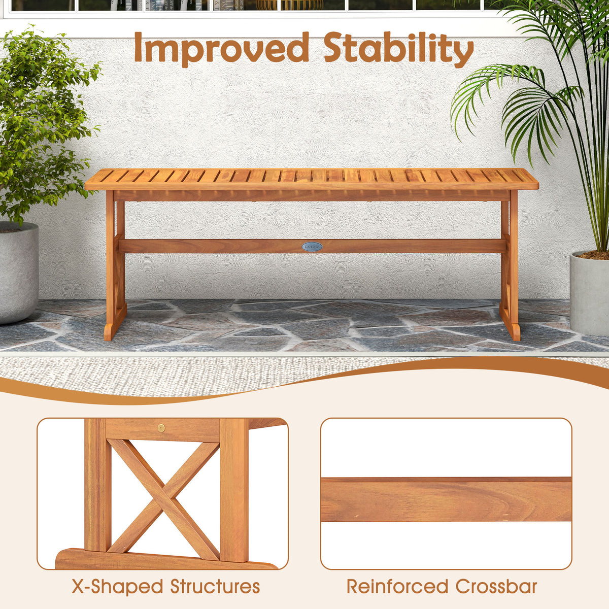 51 Inch Outdoor Acacia Wood Bench - Slatted Seat, 800 lbs Capacity