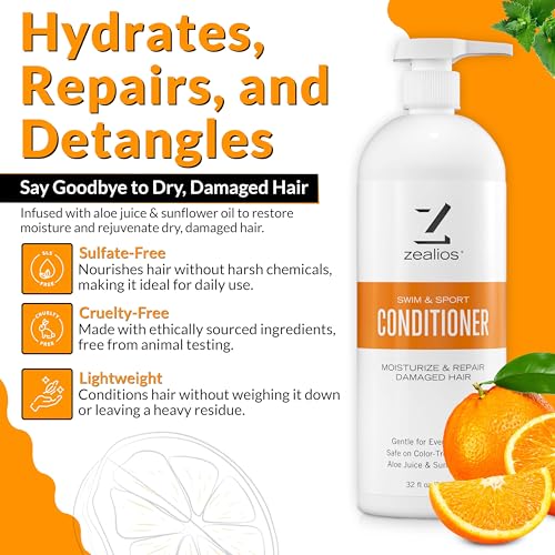 Zealios Swim & Sport Conditioner 32 Oz - Sulfate-Free Moisturizing Hair Conditioner, Hair Treatment for Swimmers & Athletes, Chlorine Removal, Hydrating, Vegan, Protects Color Treated Hair