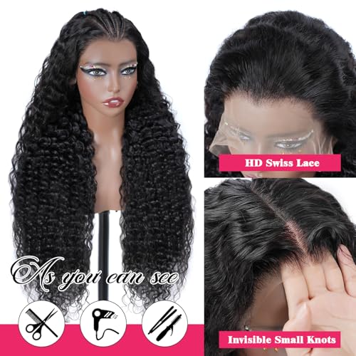 Deep Wave Lace Front Wigs Human Hair 13x6 Hd Lace Front Wig For Women 180% Density Deep Curly Wig Pre Plucked With Baby Hair Wet And Wavy Glueless Wig Natural Black Color 20 Inch