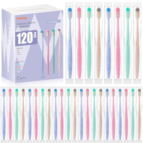 120-Pack Disposable Toothbrushes Individually Wrapped, Soft Bristle Bulk Travel Toothbrush for Adults, Kids, Guest, Hotel, Home, Camping, Donation ? 4 Colors, Mini Manual Value Pack