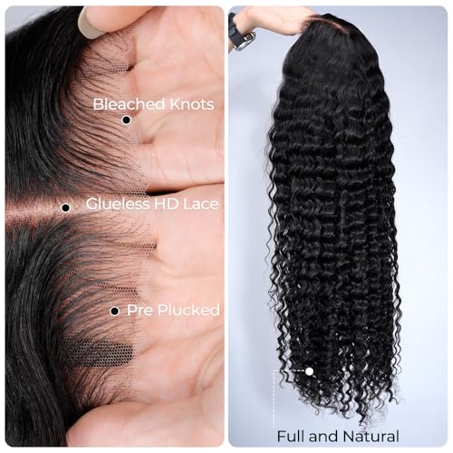 YMSGIRL 13x6 Deep Wave Lace Front Wigs Human Hair Ready To Go Curly Lace Front Glueless Wigs Human Hair Pre Plucked Pre Cut Beginner Friendly 16 Inch