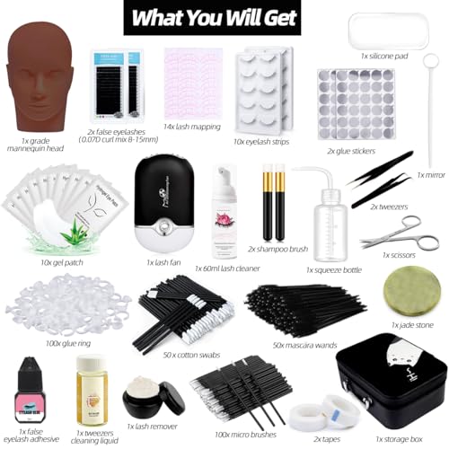 Lash Extension Kit Professional Eyelash Grafting Training Tools Mannequin Head USB Fan Lash Shampoo 0.07D Curl Mix 8-15mm Glue Practice Eyelash Strips Lash Mapping,Exercise Set for Beginner