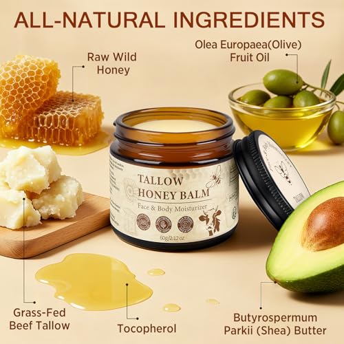 Tallow and Honey Balm for Face, Beef Tallow for Skin, Grass-Fed Beef Tallow & Raw Wild Honey, Body & Face Moisturizer