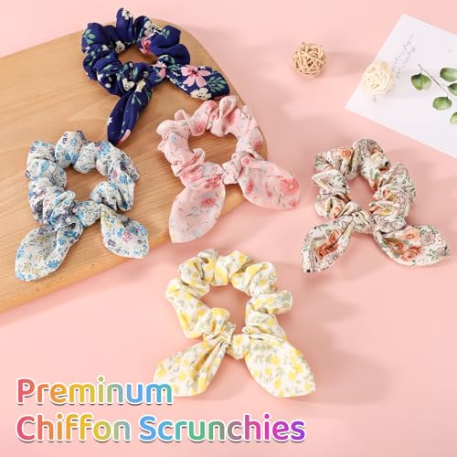 5Pcs Hair Scrunchies for Women,Bunny Ear Scrunchies Hair Ties,Cute Ponytail holder for Thick Hair,Colorful Ponytai Holder,Chiffon Hair Band,Hair Accessories for Women Girls