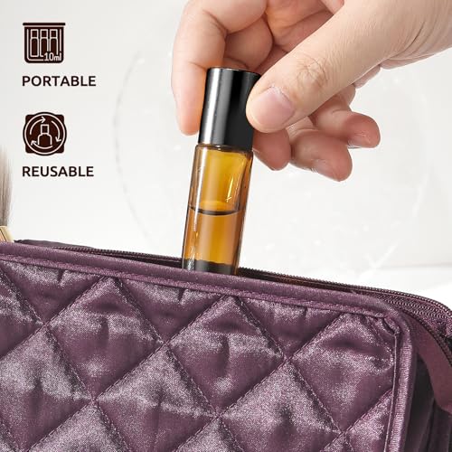 10ml Roller Bottles for Essential Oils(4-Pack), Leak-Proof Amber Glass Roller Ball Applicator, Opener, Droppers, Funnel & Labels, Roll on Bottles for Perfume & DIY Skincare