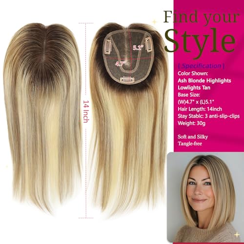 Hair Toppers for Women Real Human Hair No Bangs 4.7 * 5.1 Inch Base 14 Inch Human Hair Topper for Women with ThinningHair Cover Gray Roots (#Ash Blonde Highlights Lowlights Tan)