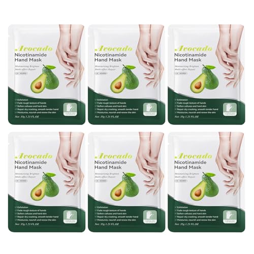Hand Masks for Dry Cracked Hands - 6 Pairs Avocado Intensive Lotion Moisturizing Gloves - Hydrating Exfoliating Glove Repair Rough Skin - Deep Moisture Spa Hand Masks to Remove Dead Skin Nourishing