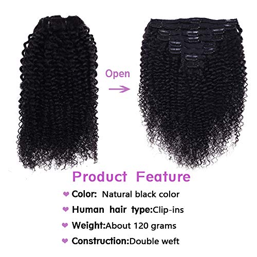 Curly Clip In Extension Human Hair 3C 4A Kinky Curly Clip Ins Full Head for Black Women Brazilian Remy Human Hair Natural Color 8Pcs with18clips 120g/Set (30 inch, curly wave)