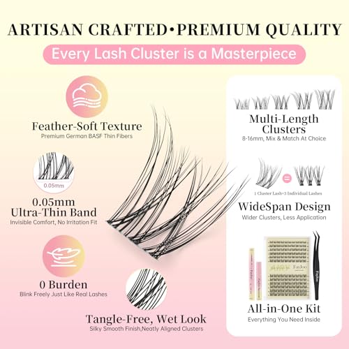 Natural Wispy Lash Clusters Kit, C Curl Soft Individual Lashes 8-16mm, DIY Eyelash Extensions with 0.05mm Thin Invisible Band, DIY Salon Kit with Bond Seal Remover Tweezer, FayJoo AIRY 12 Kit