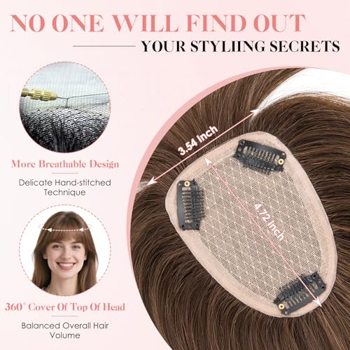 Hairro Human Hair Toppers with Wispy Bangs, 3.5x4.7" Hand-wovened Base for Women with Thinning Hair, Lightweight & Breathable Realistic Scalp, Clip-in Hairpieces for Easy Wear, 9 Inch Dark Brown