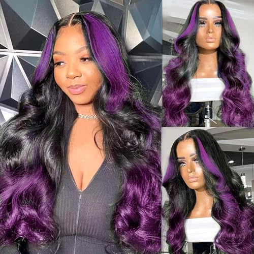 GOLDFINCH Skunk Stripe Wigs Human Hair Lace Front Purple Highlights Wig 13x4 HD Dark Burgundy Highlight Body Wave 150% Density Pre Plucked with Baby 24 Inch