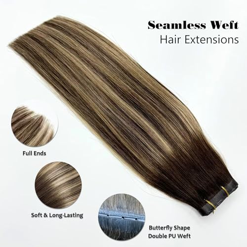 Butterfly Weft Hair Extensions Human Hair-Invisible Double Layered with Hole Hand Tied Genius Weft PU Seamless Micro Beads Real Remy Hair Ombre Blonde Balayage 100g #4/27/4 16 Inch