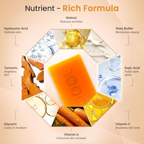Turmeric Kojic Acid Soap for Dark Spots Brightening ? Facial Cleansing Bar with Vitamin C, Retinol, Collagen, Vitamin E, Glycerin, Shea Butter & Castile Olive Oil ? Soap for Women & Men (120g x 2)