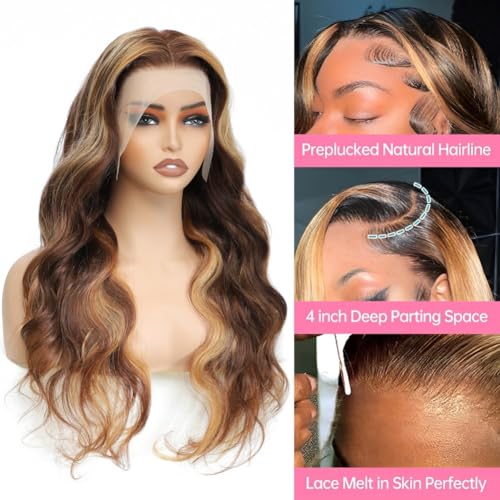 Human Hair Wig 30 Inch 13x4 Ombre Body Wave Lace Front Wigs Human Hair Honey Blonde Wig Pre Plucked with Baby Hair 200 Density 4/27 Highlight Glueless Human Hair Wigs for Black Women
