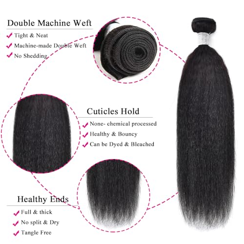 Yaki Straight Bundles with Closure (20 22 24+18) 100% Unprocessed Kinky Straight 3 Bundles with 2x6 Lace Closure Sew in Natural Color for Black Women