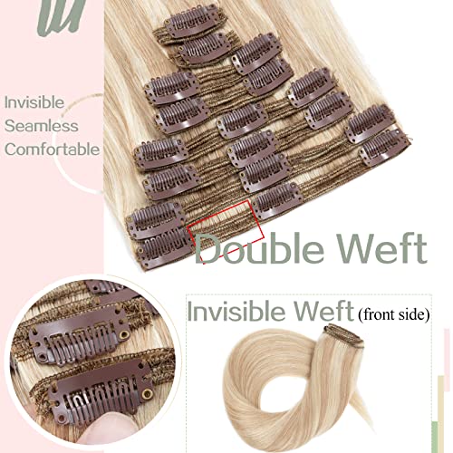 S-noilite Clip in Human Hair Extensions Balayage 100% Real Human Hair Thick True Double Weft Full Head 8 Pieces 18 clips Straight silky (18 inch - 140g,Ash Blonde/Bleach Blonde (#18/613))