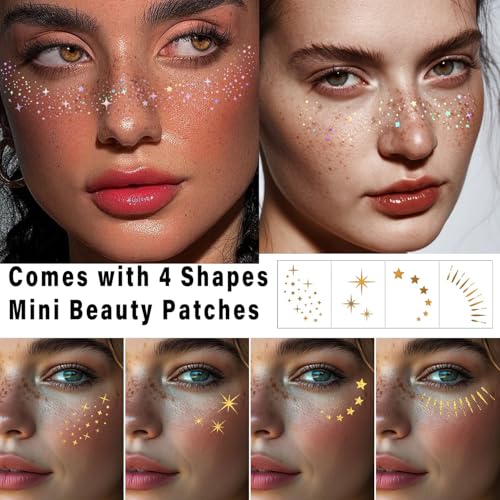 Freckles Face Tattoo, All-in-One Holographic & Gold Glitter, Waterproof and Sweatproof Sparkle Speckles Patches, Festival Cute Star Temporary Tattoo (Holographic&Gold)