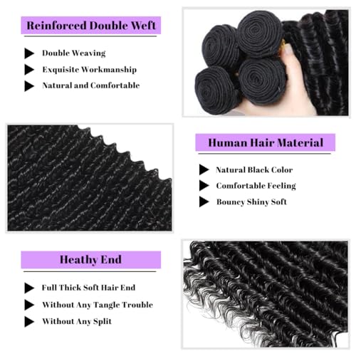 28 Inch Deep Wave Human Hair Bundles 1 Bundles Deep Wave Bundles 100% Unprocessed Brazilian Virgin Hair Curly Bundle Hair Extensions Real Human Hair Wavy Quick Weave Bundle Natural Black