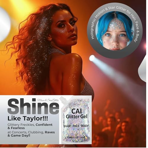 Face, Body & Hair Glitter Gel ? Halloween Glitter for Kids and Women ? 3 Oz Cosmetic-Grade Gel w/Moon & Stars for Festivals & Halloween Party, Easy Apply & Wash Off - Silver 1Pack
