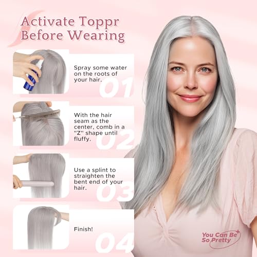 SEGO Grey Hair Toppers for Women Real Human Hair No Bangs, 7 * 13 CM Silk Base Clip In Topper Wiglet, Top Pieces Add Volume -14 Inch G1 Silver Grey