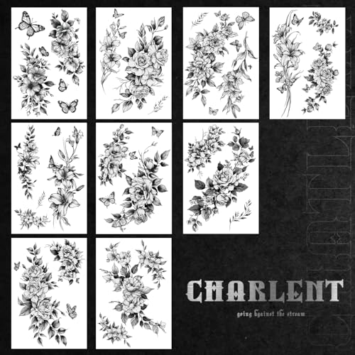 CHARLNET Realistic Flower Temporary Tattoos for Women - 9 Large Sheets Flower Rose Tattoos For Women Body Art Arm Chest Legs Shoulder