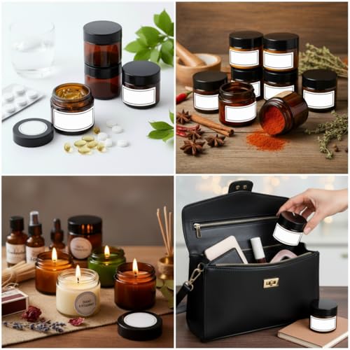 Layhit 24 Pcs 2 oz Glass Jars with Lids Bulk, Small Jars Containers Travel Storage Jar with Inner Liners Labels for Candle Scrubs, Lotions, Cream, Lip Balm (Amber,Black Lid)