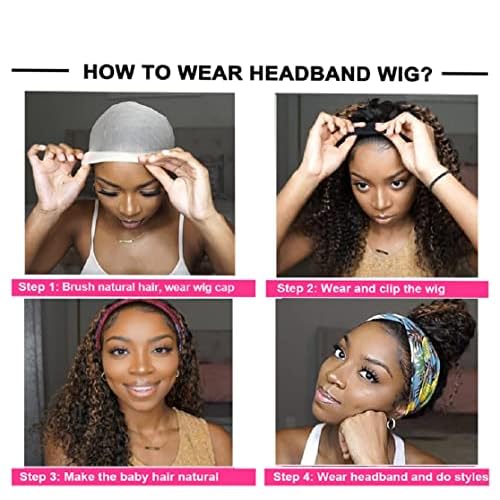 Rebasar Blonde Curly Headband Wig Human Hair Colored Highlight Deep Wave 26 Inch Headband Wigs for Black Women Brazilian Virgin Human Hair Glueless Wear and Go Ombre No Lace Front Wig 4/27 Brown