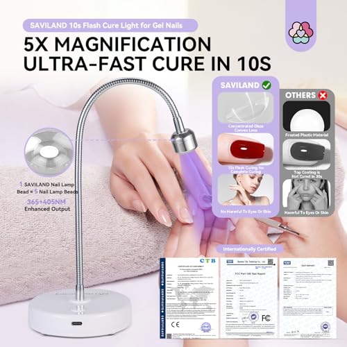 SAVILAND Gooseneck U V Lamp for Gel Nails:Touch Switch 12W U V Nail Lamp 5S Quick Drying LED Fast Curing Lamp Rechargeable Gel Lamp 3Timers Setting 360¡Æ Adjustable Home Salon Manicure Nail Dryer