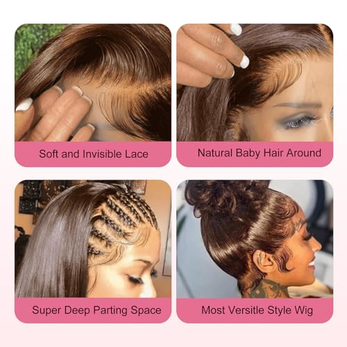 Beluck 20 Inch Chocolate Brown Human Hair Wig 360 Lace Front Wigs Human Hair Pre Plucked With Drawstring Wig 200 Density Body Wave Frontal 360 Full Lace HD Lace Front Wigs Glueless