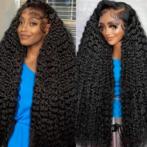 Deep Wave Lace Front Wigs Human Hair 13x6 HD Lace Front Wigs for Black Women 34 Inch Curly Frontal Wig Pre plucked Wet and Wavy Glueless Wig with Baby Hair 180% Density Natural Color