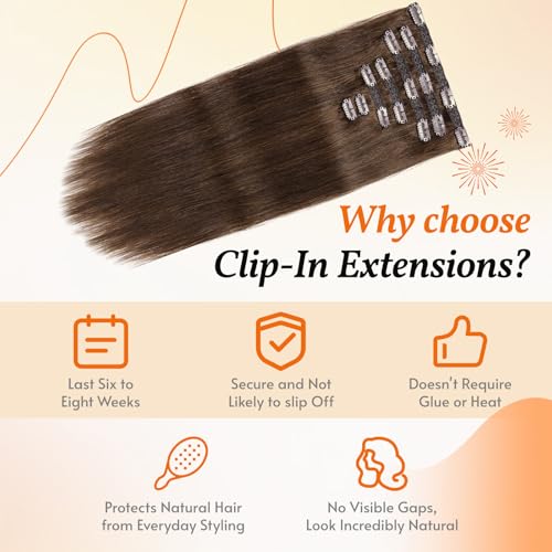 Clip in Hair Extensions Real Human Hair 14 inch, 7Pcs/70g Human Hair Clip in Extensions, Seamless Clip in Hair Extensions Human Hair #4 Chotolate Brown, 14 Inch