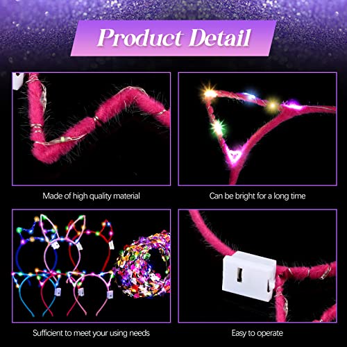 Xinnun 50 Pcs LED Cat Ear Headbands Bulk, Light up Flower Headband Glow Crown Rabbit Ear Head Accessories for Glow in the Dark Party (Cat)