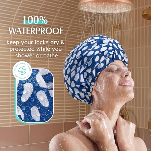 YFONG Reusable Shower Cap for Women, Waterproof & Durable Bath Cap with Double layer Lined, Adjustable Hair Cap for All Hair Lengths, Large Bathing Hat (blue)