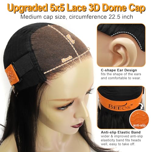 BEEOS Pre-Everything 5x5 SKINLKE Real HD Lace Closure Bob Wig, Wear and Go 180% Density Glueless Pre-cut Lace Pre-Plucked Hairline Bleached Knots Straight Human Hair Wig 10 Inch