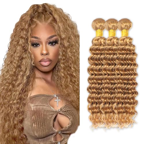 #27 Blonde Bundles Human Hair Deep Wave Bundles 34 34 34 Inch 3 Bundle Unprocessed Brazilian Virgin Hair Honey Blonde Deep Wave Human Hair Extensions 50 Gram Per Bundle