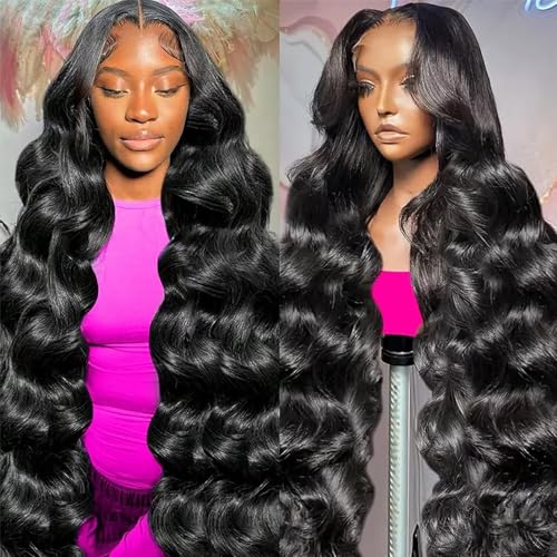 30 Inch 13x6 Lace Front Wigs Human Hair Pre Plucked, 180% Density Body Wave HD Transparent Lace Frontal Wigs with Baby Hair for Women, Glueless Wig, Natural Black