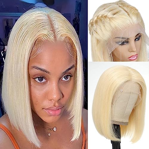 12 Inch Blonde Bob Wig Human Hair 180% Density 613 Lace Frontal Human Hair Bob Wig 13x4 HD Lace Front Wig Human Hair Free Part 613 Short Straight Bob Wig Pre Plucked with Baby Hair