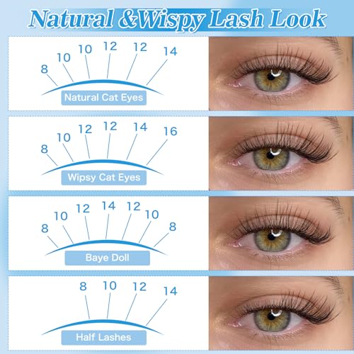 KEVKEV Wispy Lash Clusters Ultra-Thin Band Natural Eyelash Clusters 8-16mm Soft Cluster Eyelash Extensions Mix Length Ultra-Light Natural Look Natural Lash Clusters DIY Lash At Home(Wispy03)