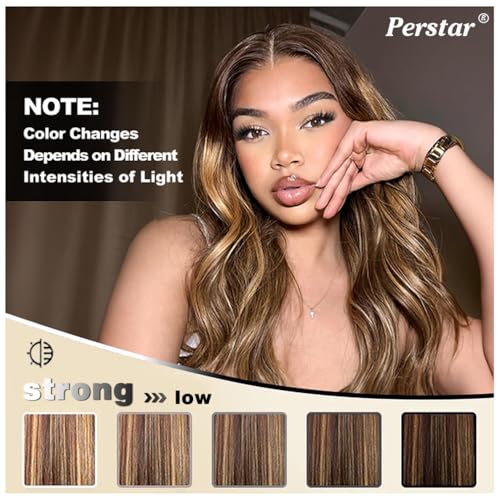 Perstar Highlight Human Hair Bundles Honey Blonde Body Wave 4 Bundles 18 20 22 24 Inches 100% Brazilian Virgin Hair Ombre 4/27 for Women Colored Human Hair Sew In Weave