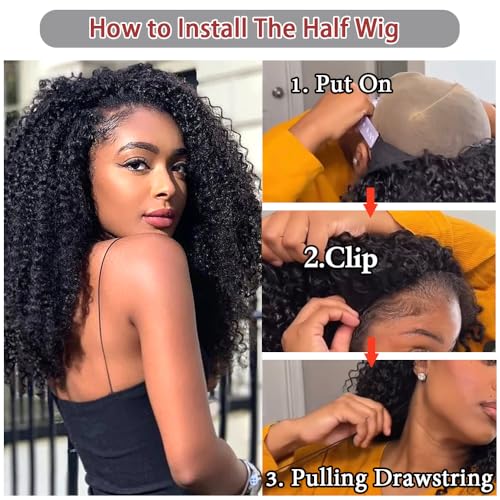 Kinky Curly Half Wig Human Hair 3 in 1 Glueless Wear And Go Human Hair Half Wigs For Women Seamless Flip Over Drawstring Headband Wig 180% Density Beginner Friendly 1B 26inch