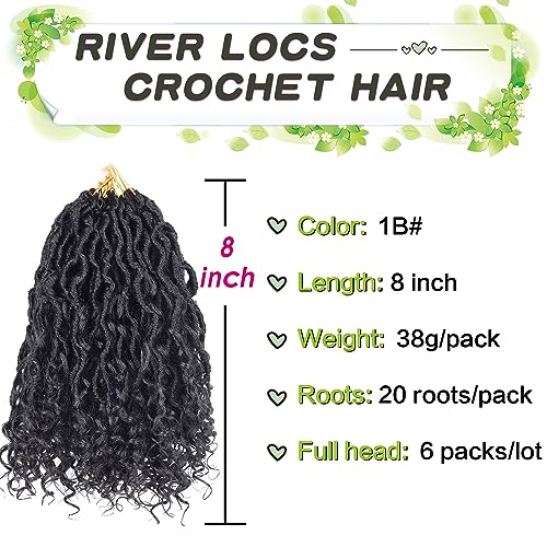 Curly Faux Locs Crochet Hair Extensions 8 Inch 120 roots Goddess Locs Crochet Hair for Black Women Pre Looped Soft River Locs Crochet Braids with Curly Hair Boho Hippie Locs (8 Inch, 6 Packs, T1B)