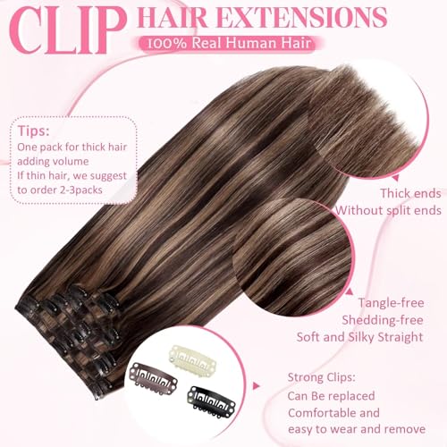 Clip in Hair Extensions Real Human Hair, Seamless Clip ins Real Human Hair for Women, Remy Human Hair Clip in Extensions, Double Weft 8pcs 24 inch Balayage Dark Brown to Chestnut Brown