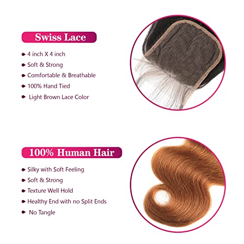 Ombre Human Hair Bundles with Closure Body Wave 3 Bundles 1B/30 Brazilian Virgin Human Hair Two-tone Dark Root with 4x4 Lace Closure(T1B/30, 22 24 26 + 20)