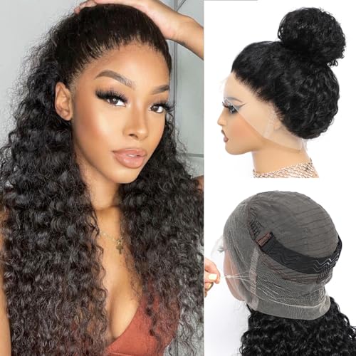 360 Full Lace Human Hair Wig with Drawstring Deep Wave 360 Lace Front Wigs Human Hair Hidden Strap Frontal Wigs for Women 200% Density Natural Black 20 Inch