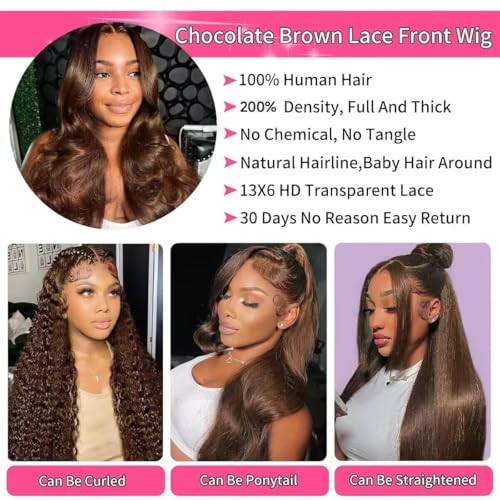 13X6 Chocolate Brown Body Wave Lace Front Wigs Human Hair Wig 200% Density HD Transparent Lace Frontal Wigs Human Hair Pre Plucked With Baby Hair