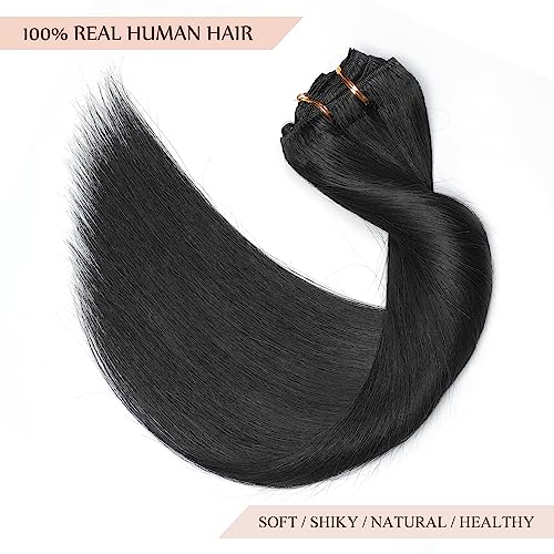 Sisily Clip in Hair Extensions Real Human Hair, 24 inch 180g, Jet Black, 100% Brazilian Remy Human Hair Clip in Extensions Soft Straight 7pcs Per Set with 16 Clips Double Weft