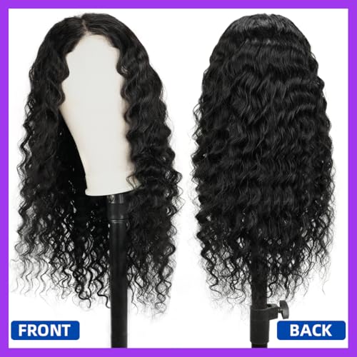 13x4 Deep Curly Glueless Wigs Human Hair Deep Wave Lace Frontal Wet and Wavy Wig 24 Inches 180 Density Water Wave Lace Front Wigs Human Hair Pre Plucked with Baby Hair Natural Black 1B