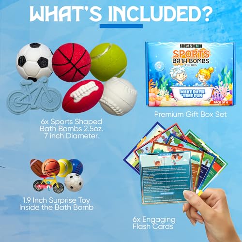 Bath Bombs for Boys W/Educational Flash Cards - Bathbombs with Toys Inside - 2.5 oz Gift Set of 6 Scented Organic Handmade with Natural Essential Oils - Sports Surprise Inside by Zenseme