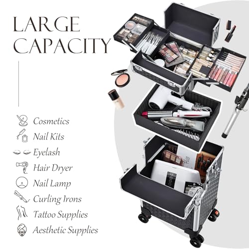 Professional Rolling Makeup Case, 3 in 1 Makeup Train Case, Cosmetology Case on Wheels, Large Makeup Trolley Salon Barber Traveling Trunk Suitcase for Makeup School Nail Tech Hairstylist MUA, Black